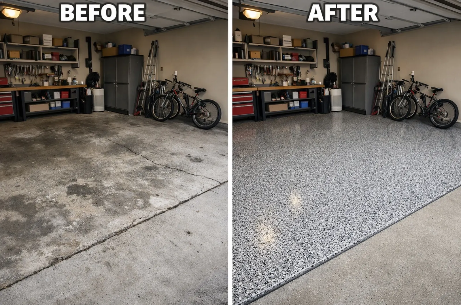 Epoxy garage floor before and after by Mainers near Scarborough ME